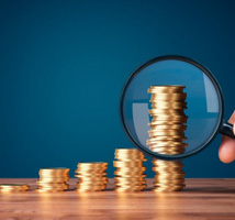 Stacks of coins examined with magnifying glass