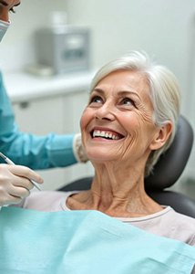 Smiling senior patient looking at dental team member