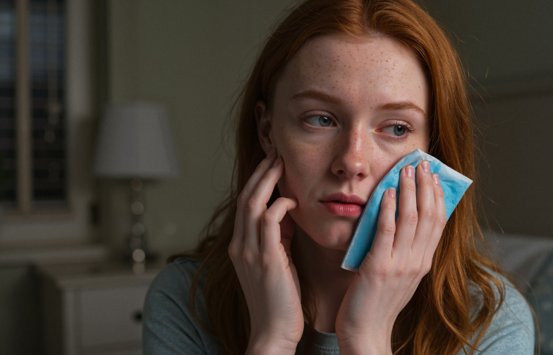 Woman holding ice pack to jaw at night